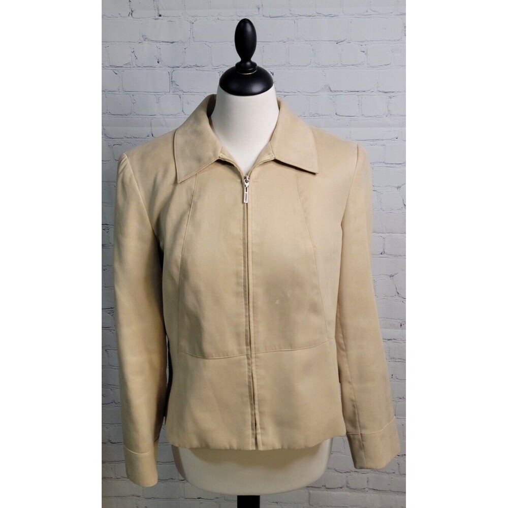Vintage Talbots Beige Petite Jacket Sz 10 Faux Suede Zip Front Collar Career